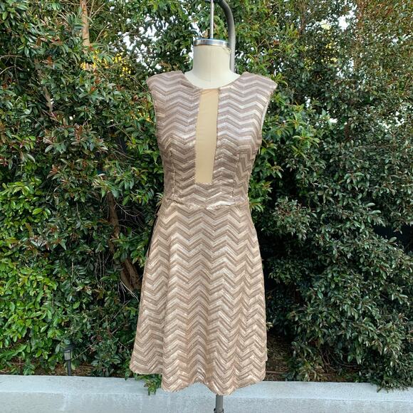NWT Bebe Brown Gold Sequence Fit and Flare Short Formal Party Dress Medium - Picture 4 of 9